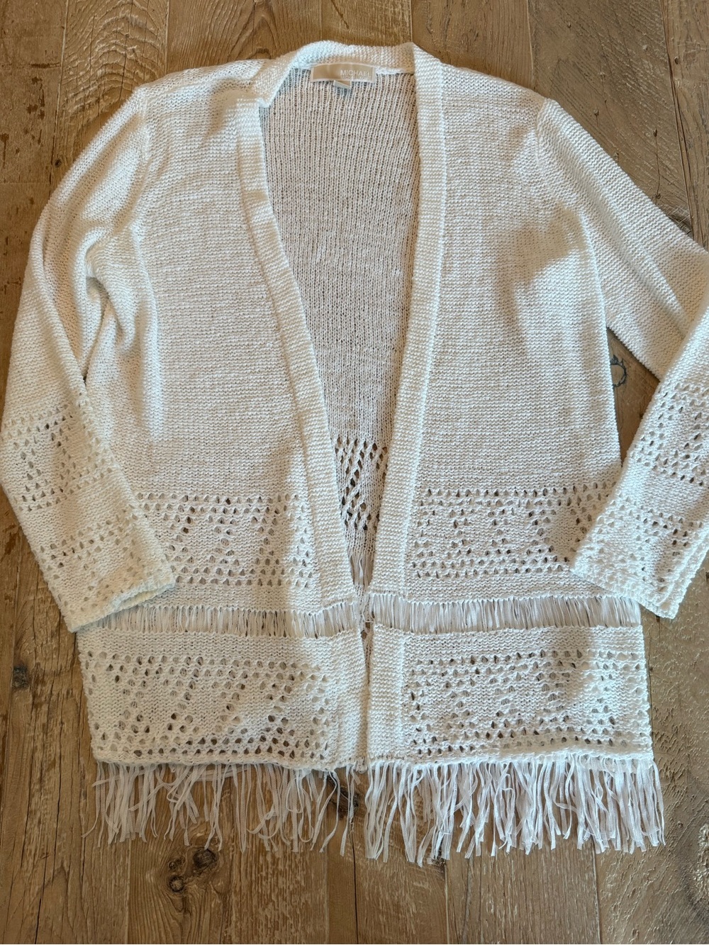 Michael Kors White Fringe Open-Front Knit Cardigan XS